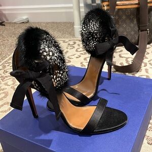 AQUAZZURA Mink Fur black sandals. Size 39, or 9.